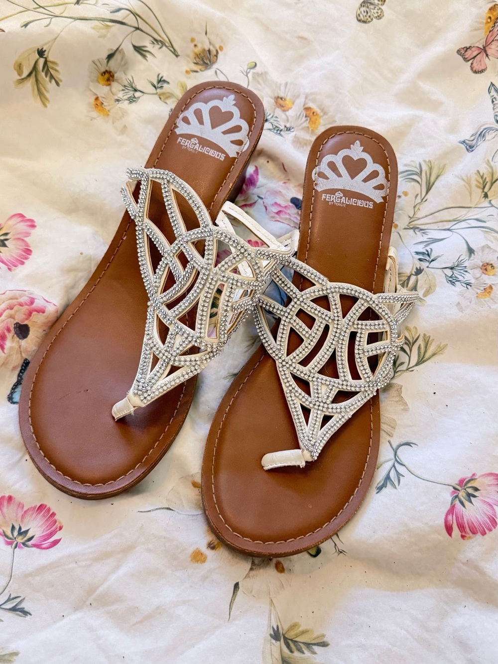 Fergalicious Tan Sandal with Silver Crystal Lattice Thong